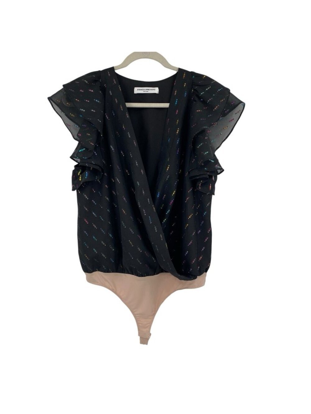 Amanda Uprichard Sycamore Black Multicolor Metallic Flutter Sleeve Bodysuit Sz M